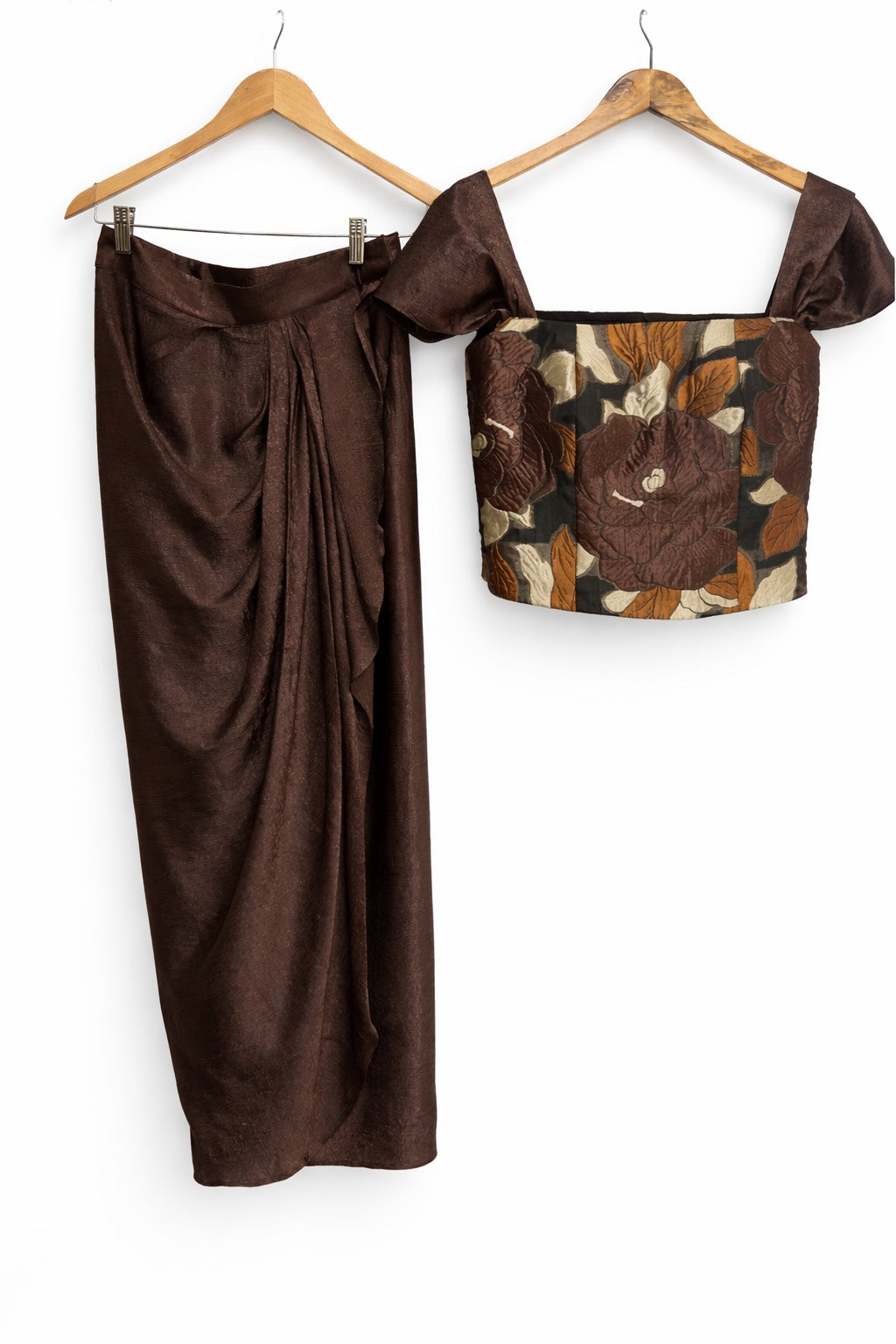 Floral brown corset top and drape skirt