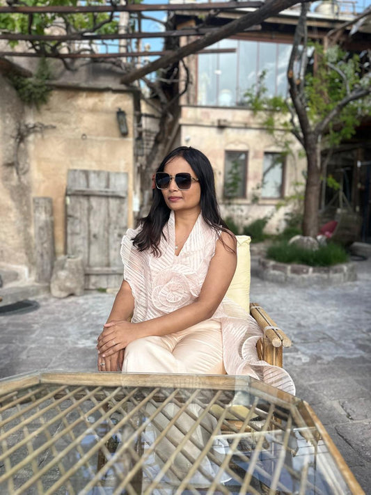 Pleated organza drape top and pants