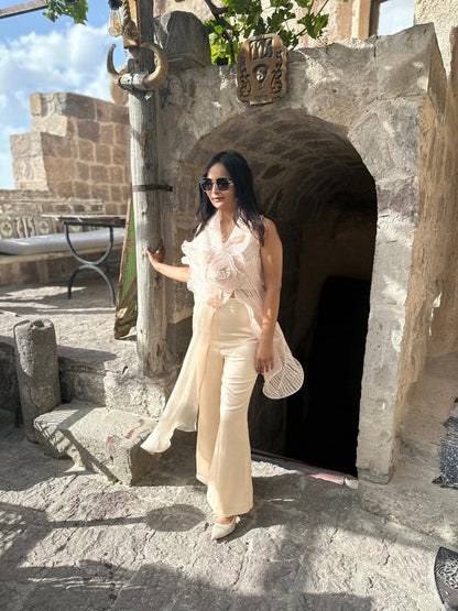 Pleated organza drape top and pants