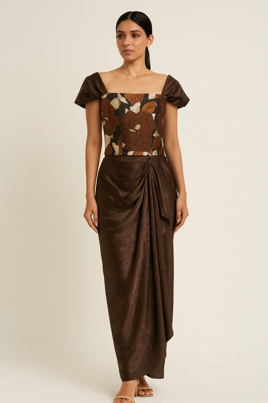 Floral  brown corset top and drape skirt