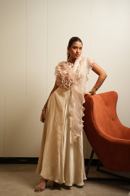 Beige sculpted ruffle drape gown