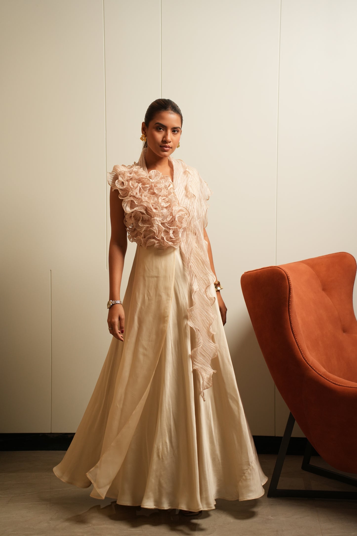 Beige sculpted ruffle drape gown