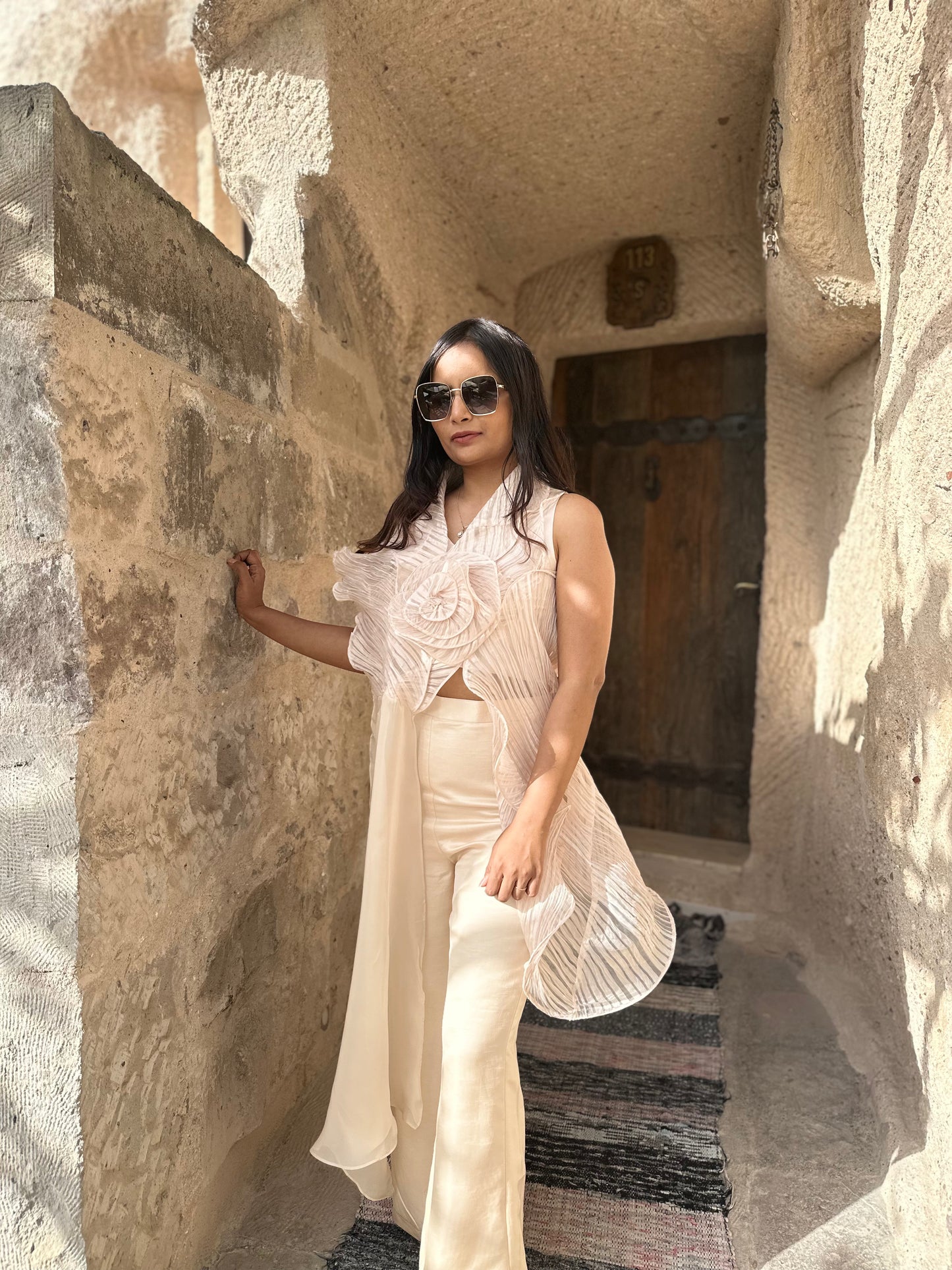 Pleated organza drape top and pants