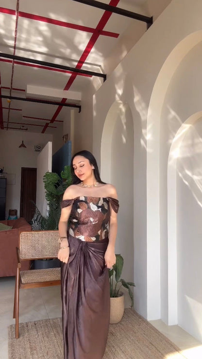 Floral  brown corset top and drape skirt
