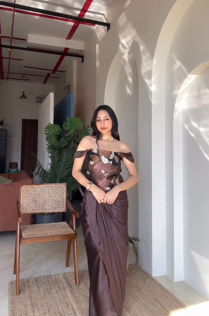 Floral  brown corset top and drape skirt