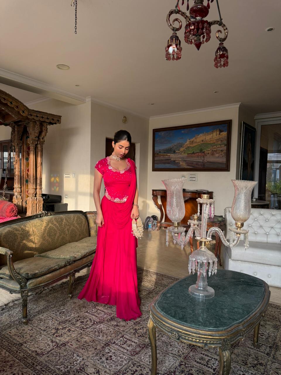 Magenta pink drape saree