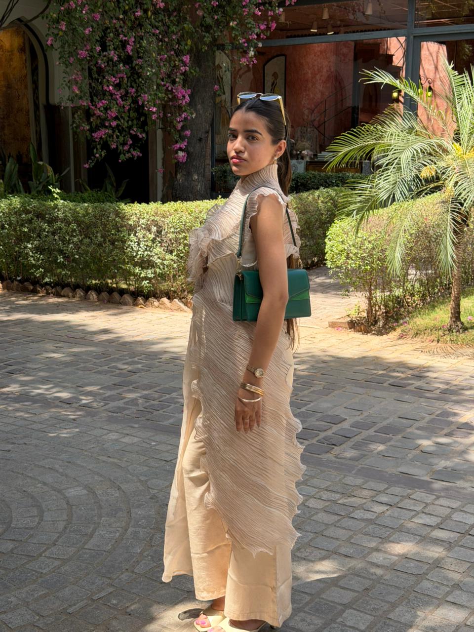 Pleated organza drape top and pants