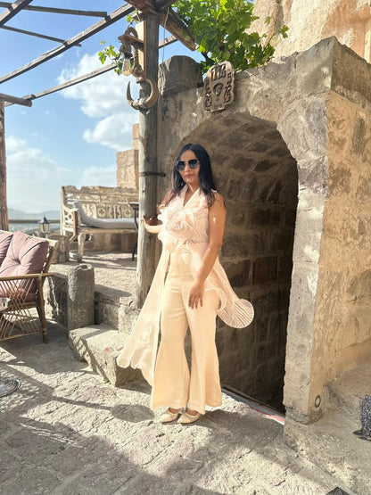 Pleated organza drape top and pants